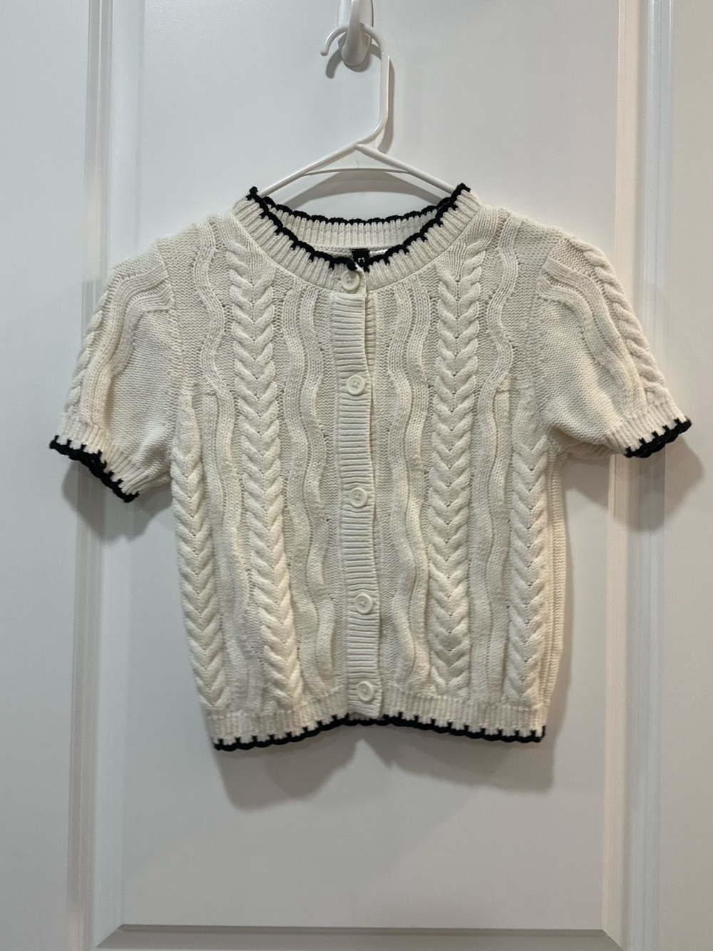 Cream Cable Knit Short-Sleeve Cardigan with Contrast Trim